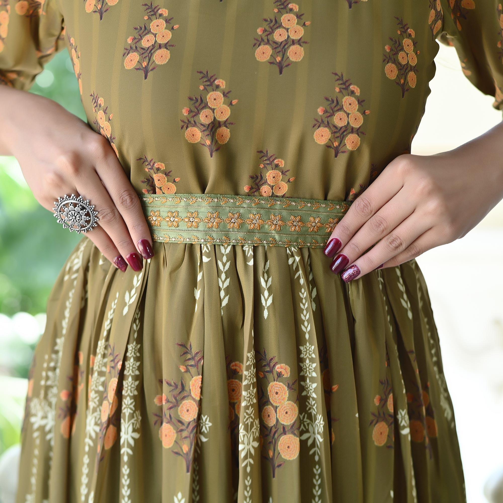 Green Floral Printed Georgette Gown - Peachmode