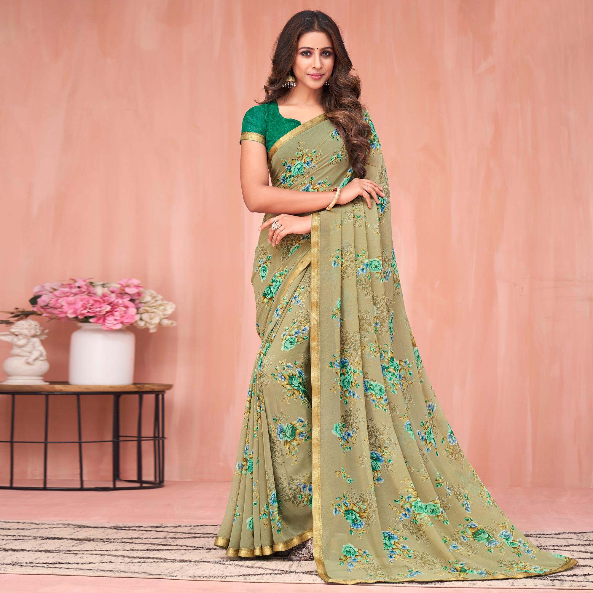 Green Floral Printed Georgette Saree - Peachmode