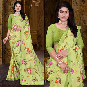 Green Floral Printed Georgette Saree - Peachmode