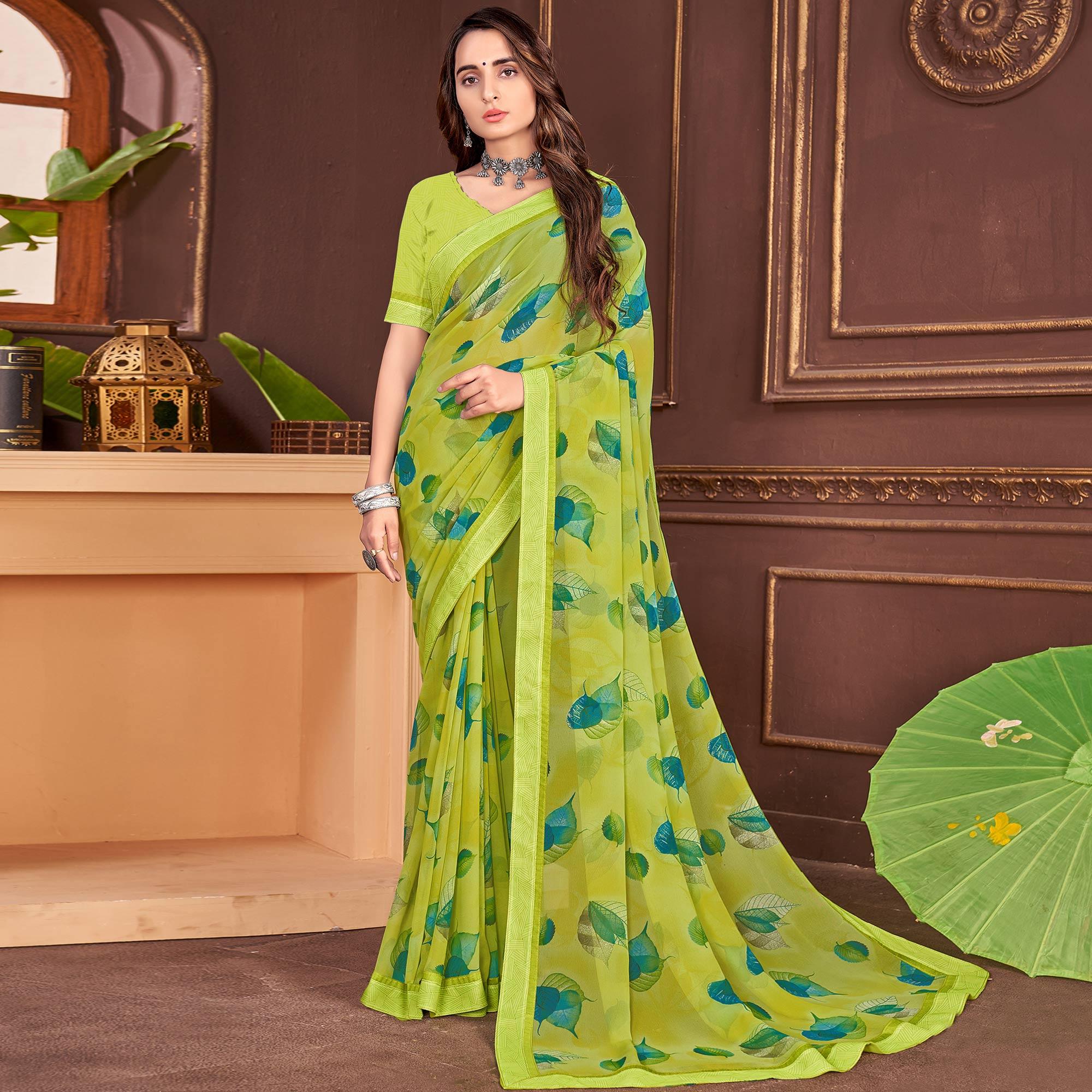 Green Floral Printed Georgette Saree - Peachmode