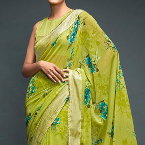 Green Floral Printed Georgette Saree - Peachmode