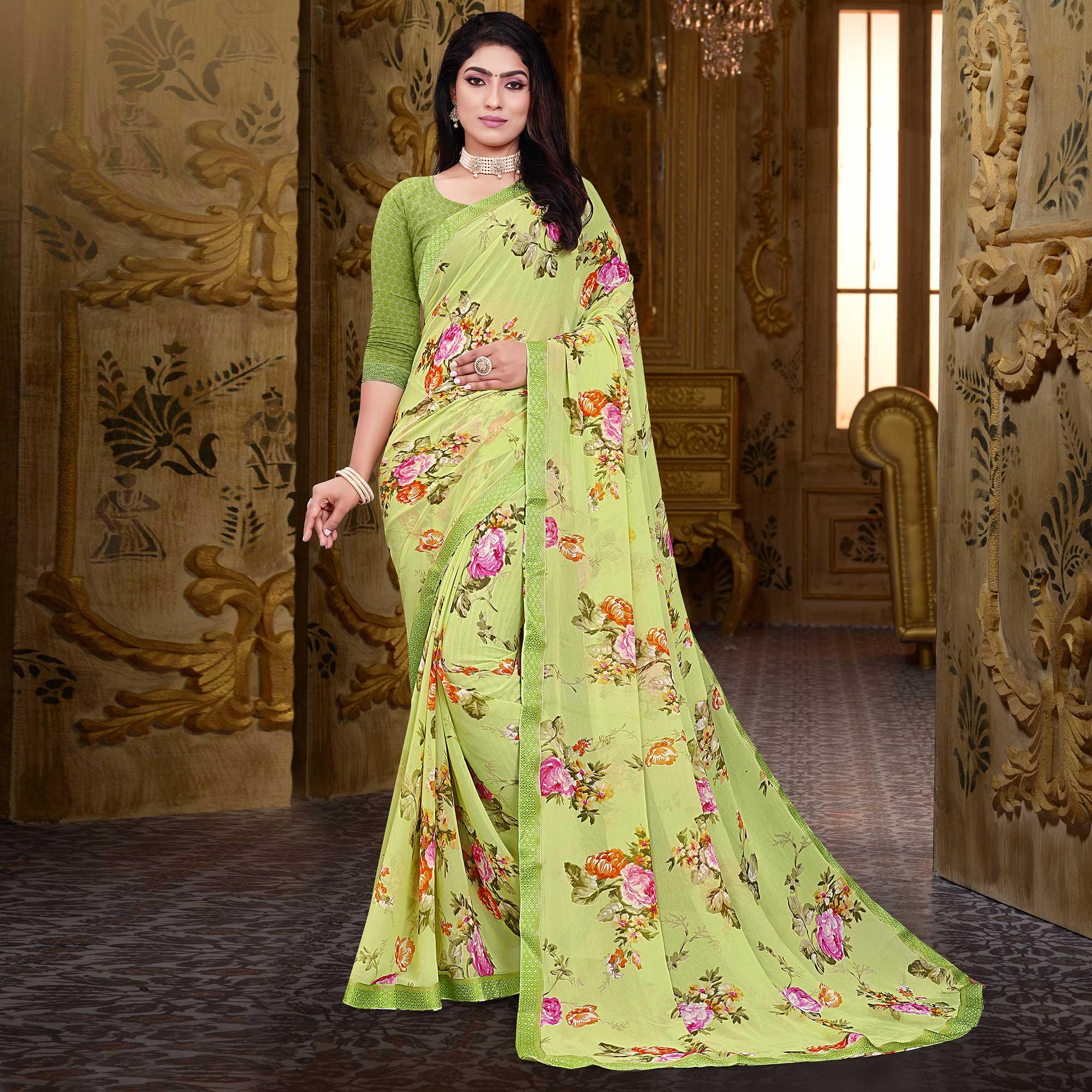 Green Floral Printed Georgette Saree - Peachmode