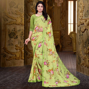 Green Floral Printed Georgette Saree - Peachmode