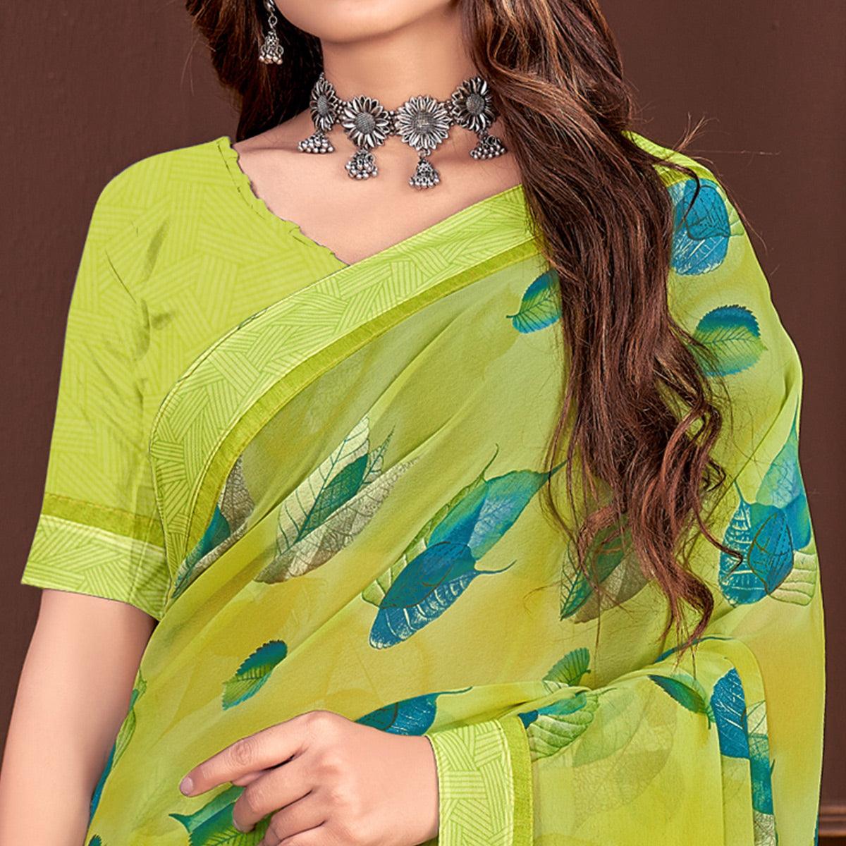 Green Floral Printed Georgette Saree - Peachmode
