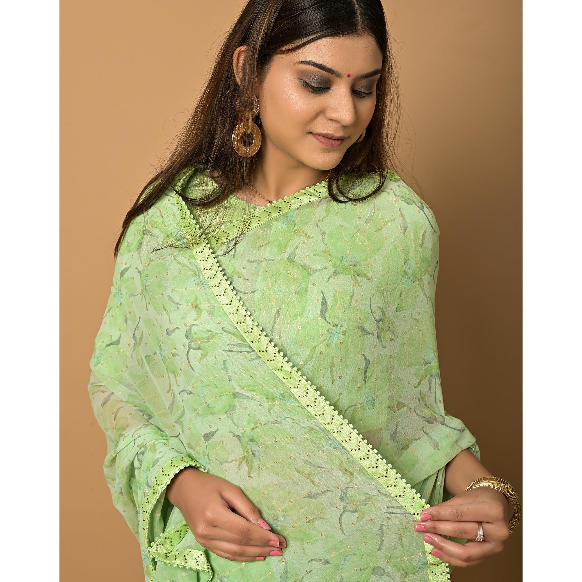 Green Floral Printed Georgette Saree - Peachmode