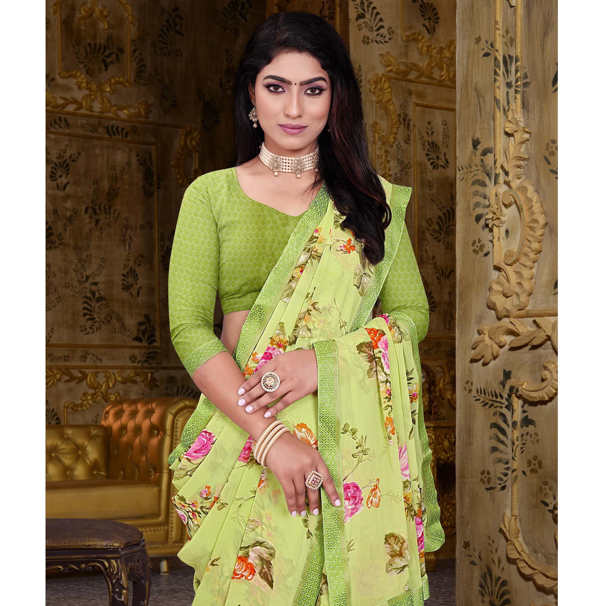 Green Floral Printed Georgette Saree - Peachmode