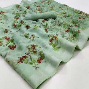 Green Floral Printed Linen Saree - Peachmode