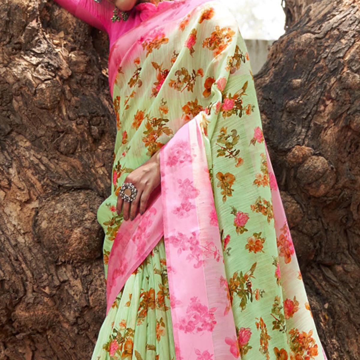 Green Floral Printed Linen Saree - Peachmode