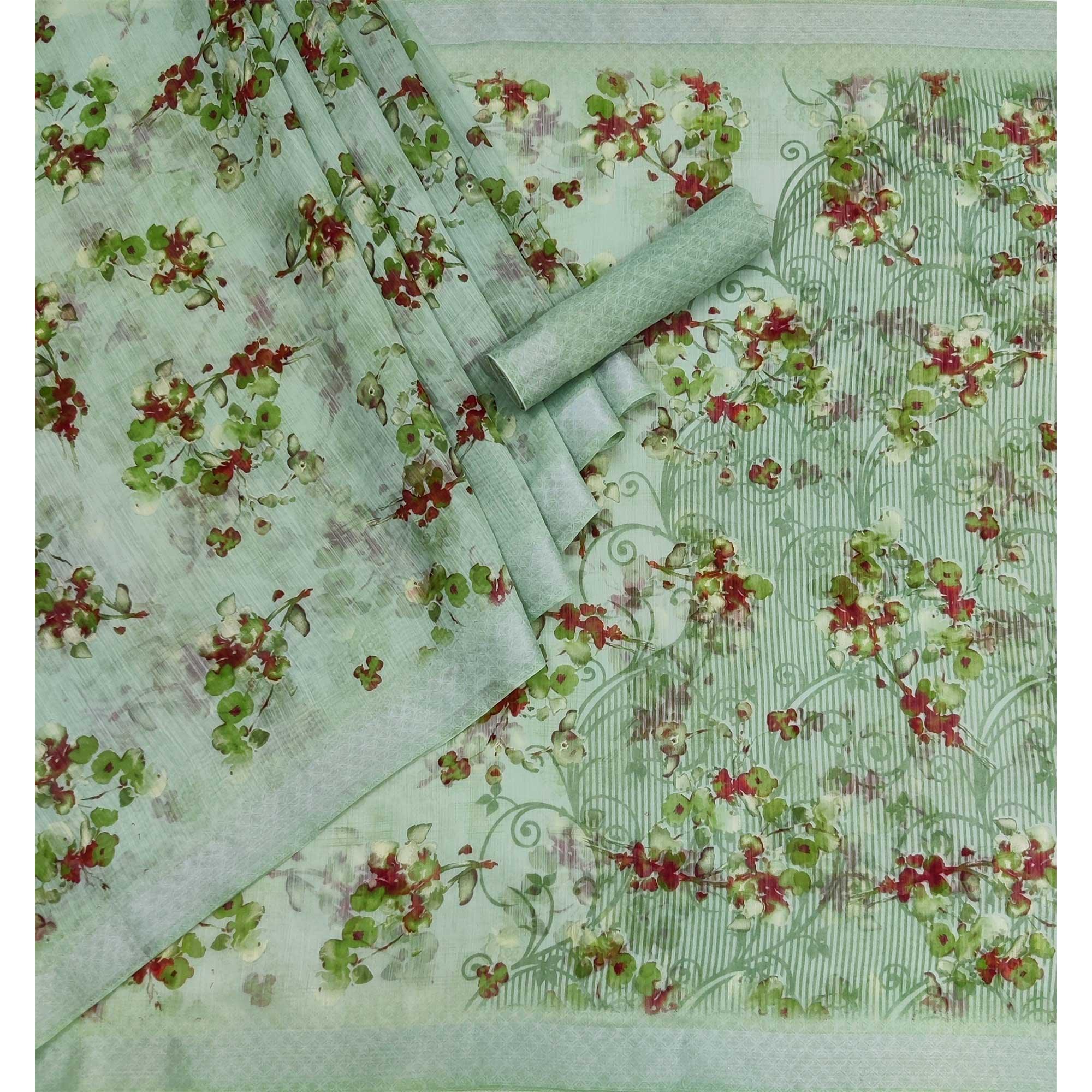Green Floral Printed Linen Saree - Peachmode
