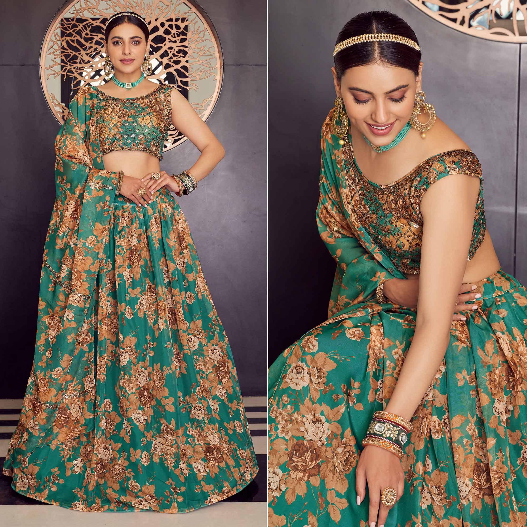 Green Floral Printed Organza Lehenga Choli - Peachmode