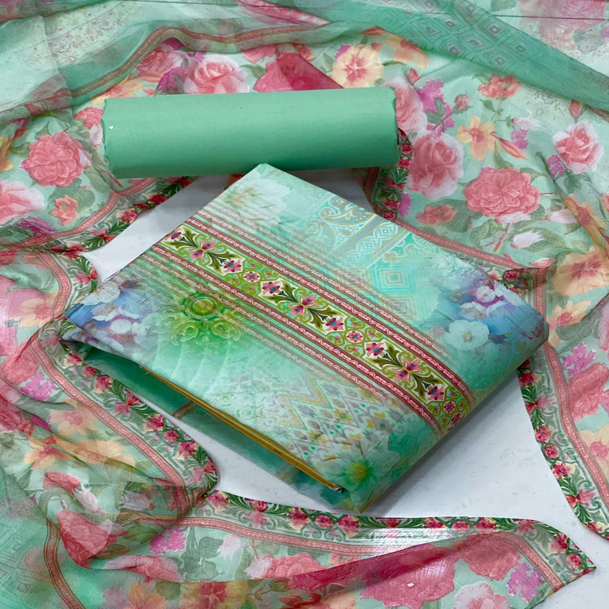 Green Floral Printed Poly Cotton Dress Material - Peachmode