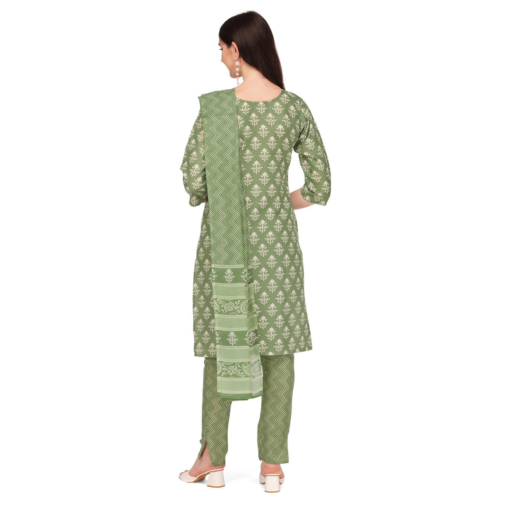 Green Floral Printed Poly Cotton Kurti Pant Set With Dupatta - Peachmode