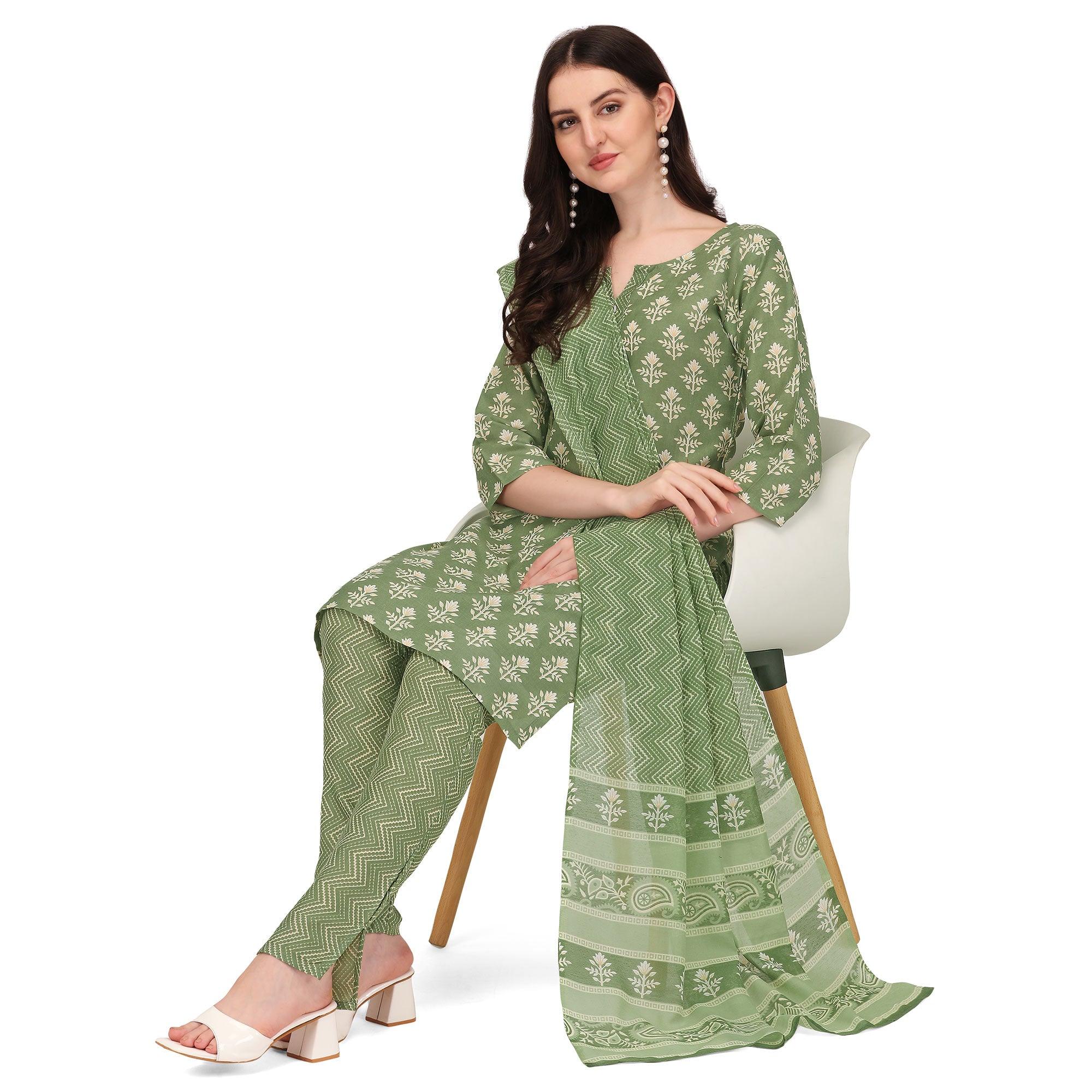Green Floral Printed Poly Cotton Kurti Pant Set With Dupatta - Peachmode