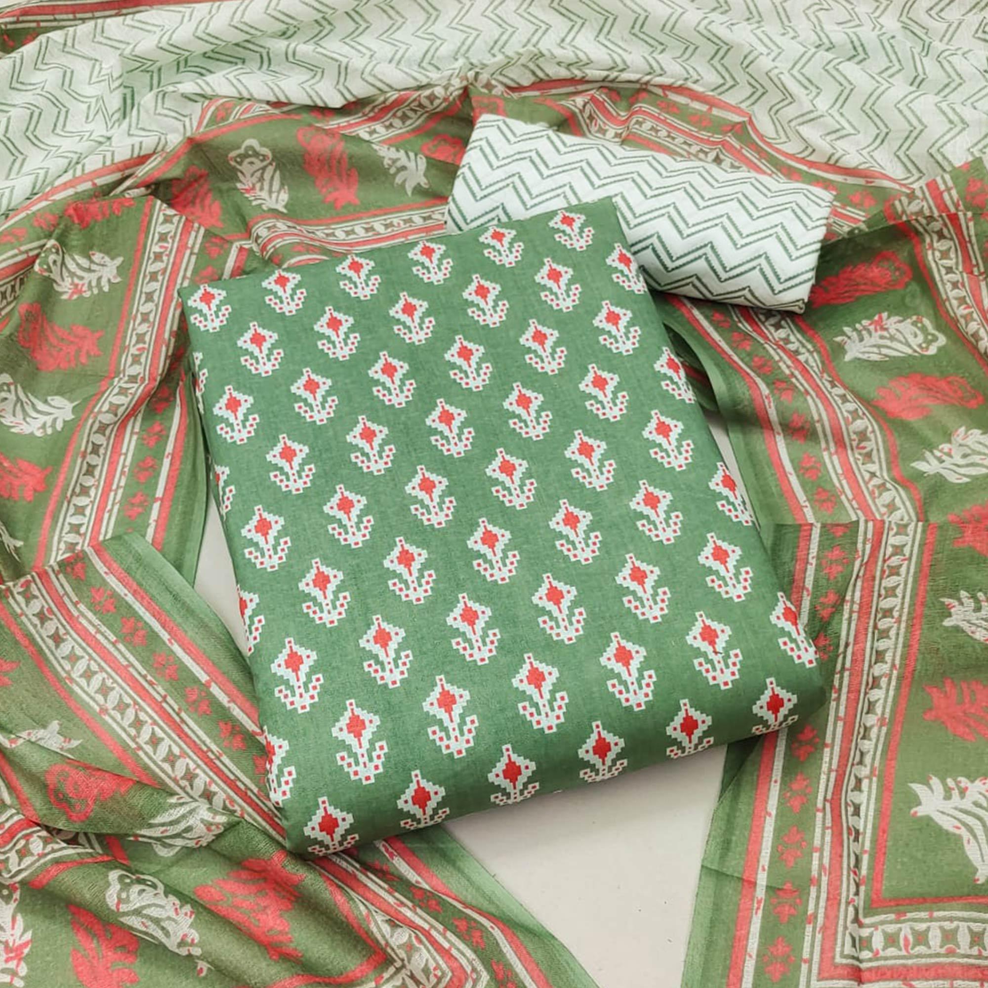 Green Floral Printed Pure Cotton Dress Material - Peachmode