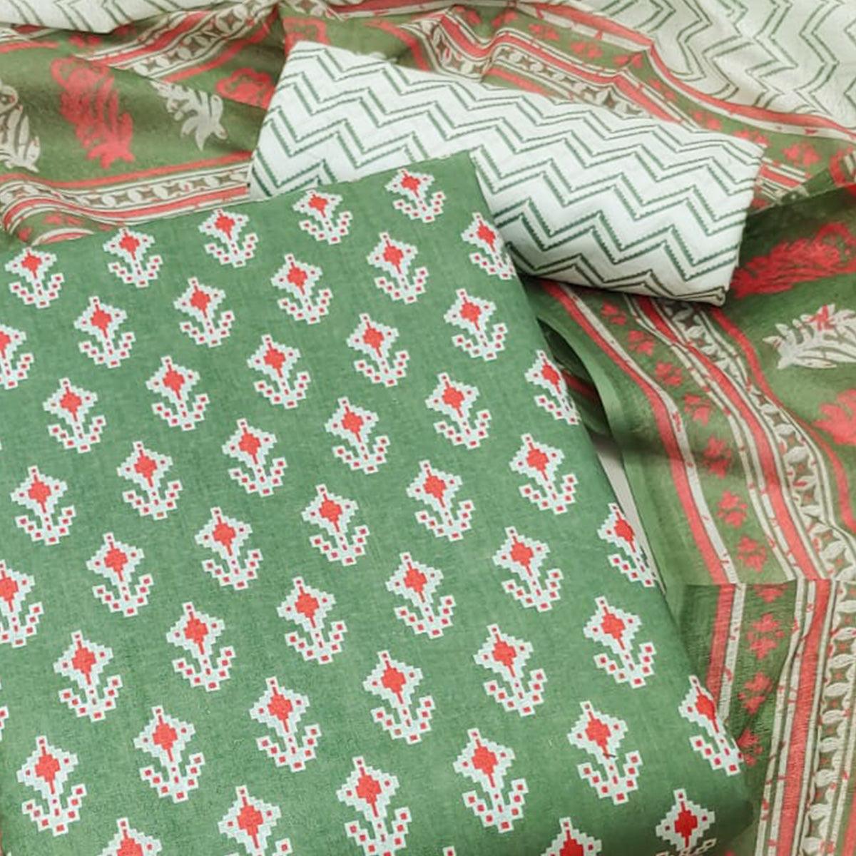 Green Floral Printed Pure Cotton Dress Material - Peachmode