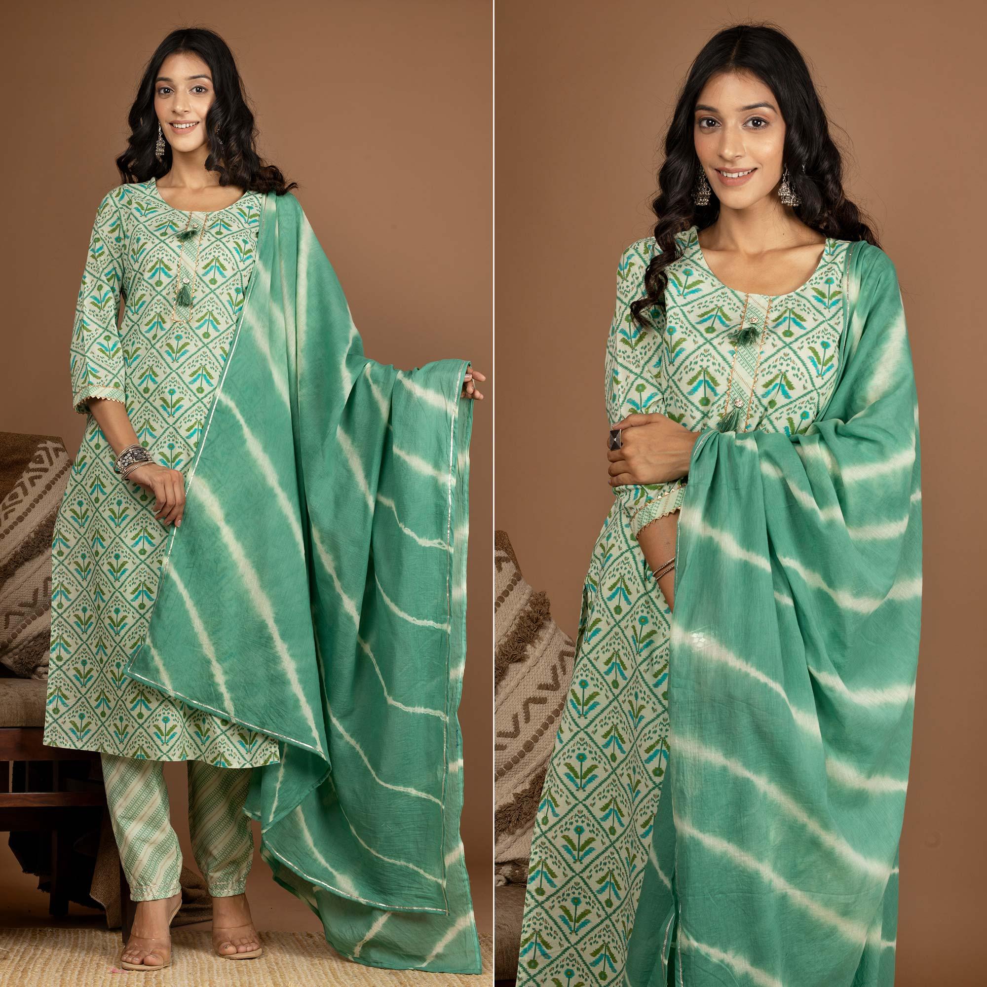 Green Floral Printed Pure Cotton Kurti Pant Set With Dupatta - Peachmode