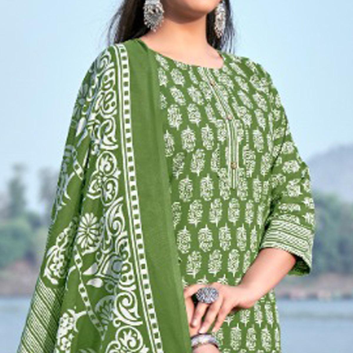 Green Floral Printed Pure Cotton Kurti Pant Set With Dupatta - Peachmode