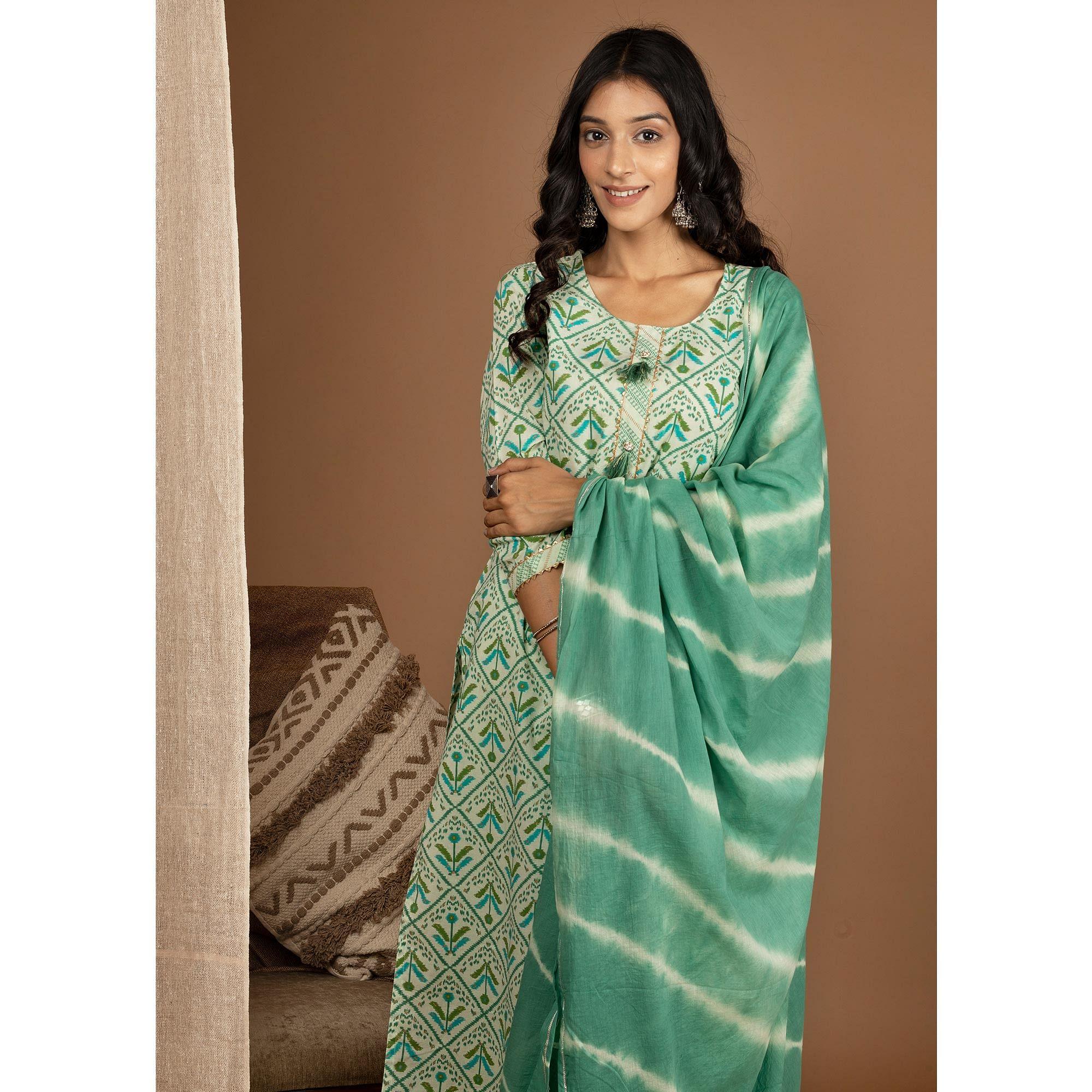Green Floral Printed Pure Cotton Kurti Pant Set With Dupatta - Peachmode