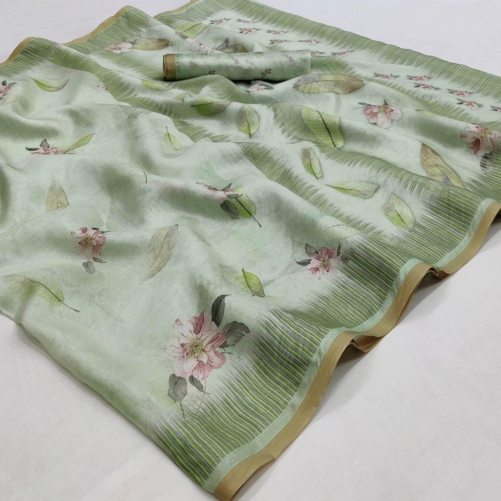 Green Floral Printed Pure Cotton Saree - Peachmode