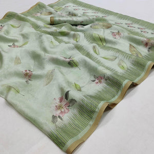 Green Floral Printed Pure Cotton Saree - Peachmode