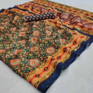 Green Floral Printed Pure Cotton Saree - Peachmode