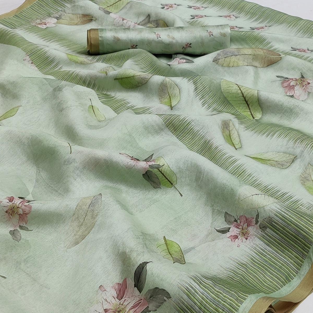 Green Floral Printed Pure Cotton Saree - Peachmode