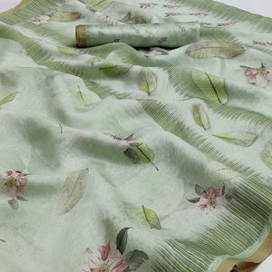 Green Floral Printed Pure Cotton Saree - Peachmode