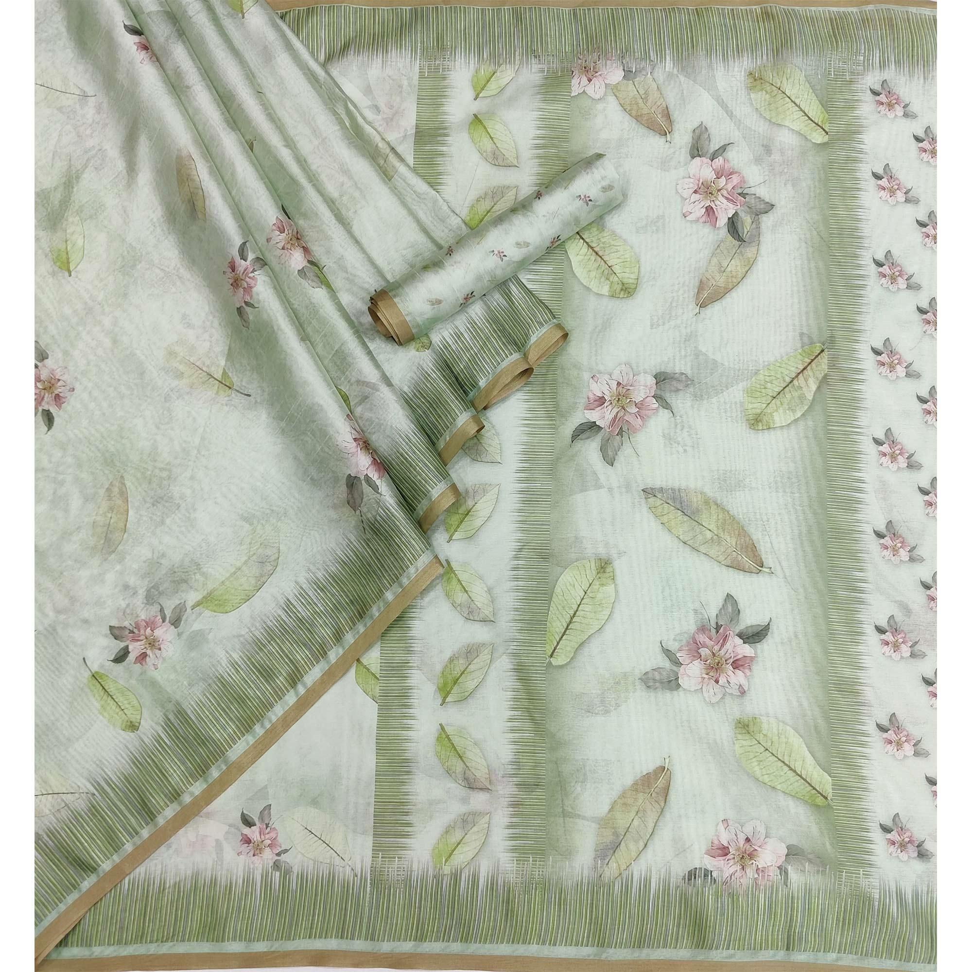 Green Floral Printed Pure Cotton Saree - Peachmode