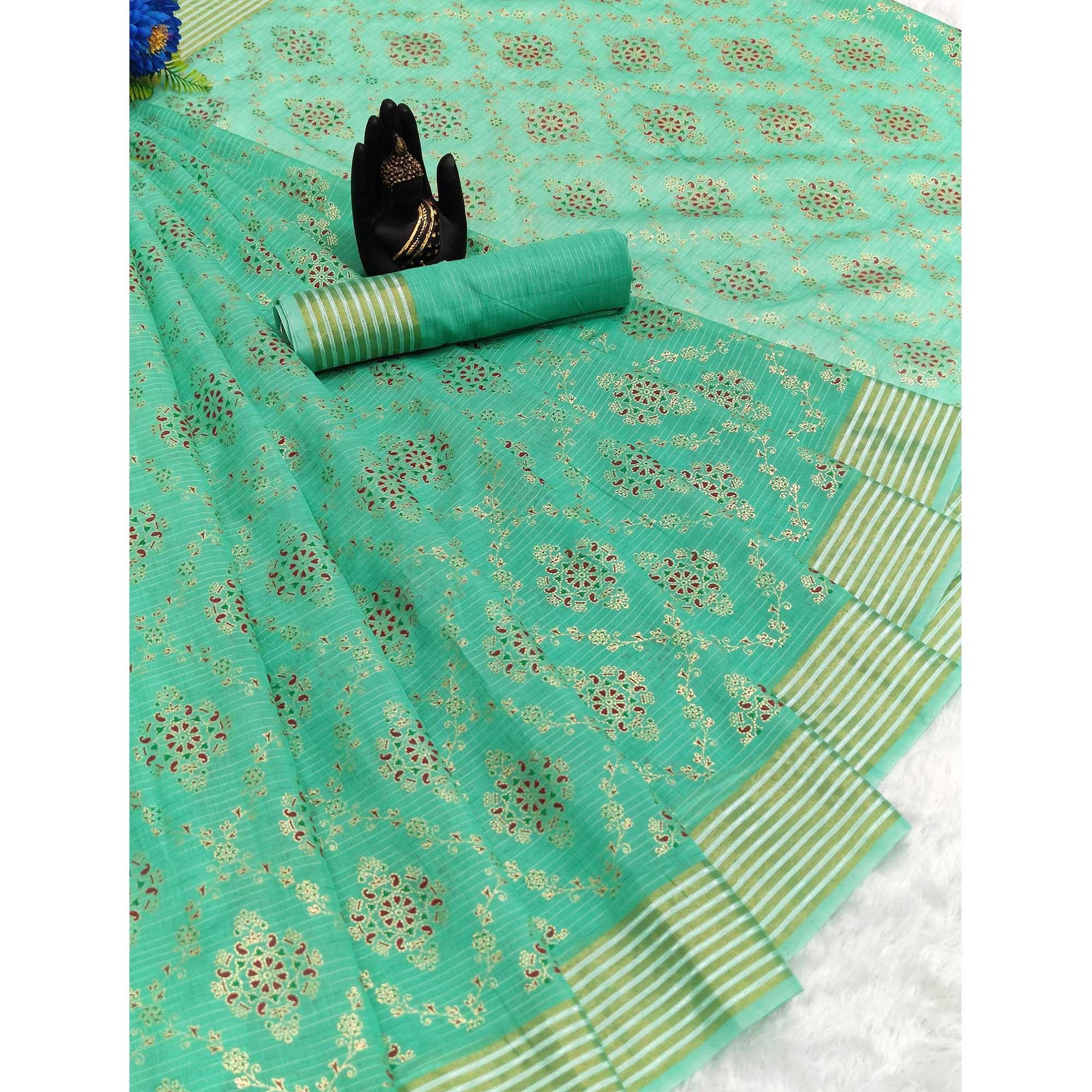 Green Floral Printed Pure Cotton Saree - Peachmode