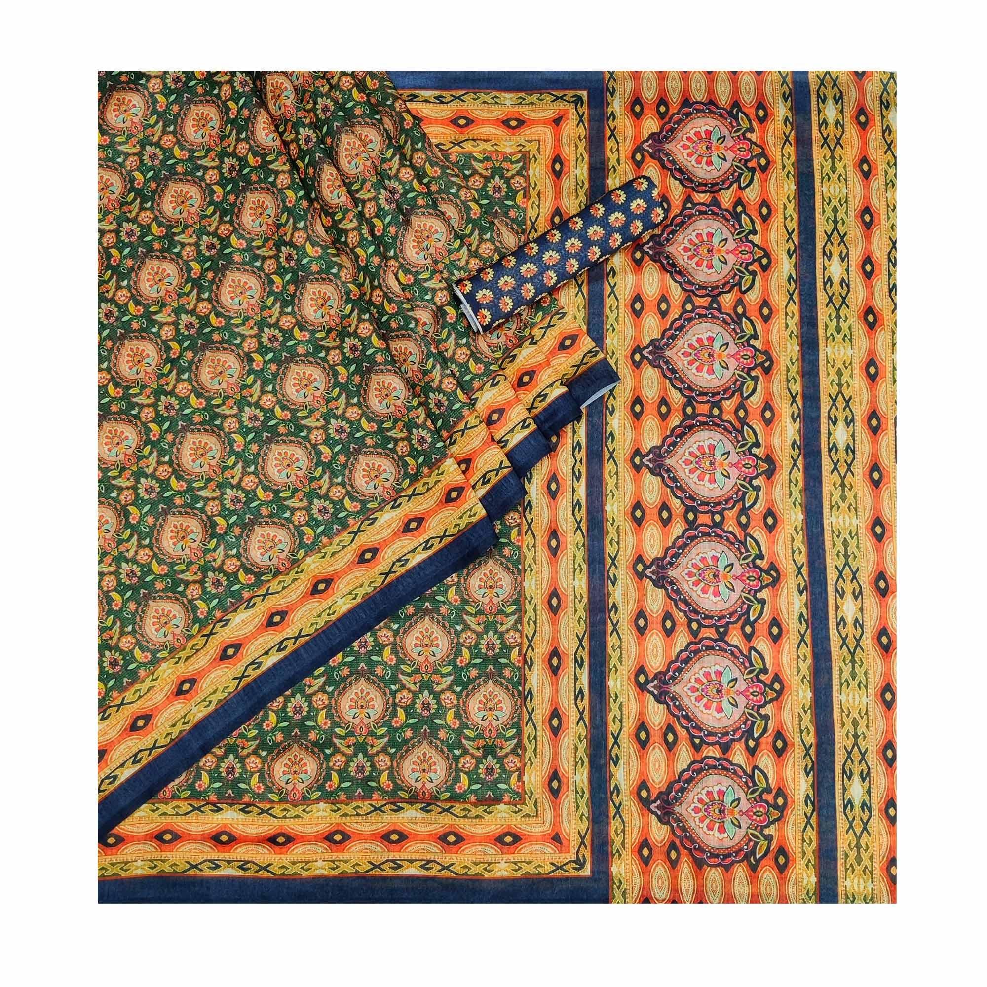 Green Floral Printed Pure Cotton Saree - Peachmode