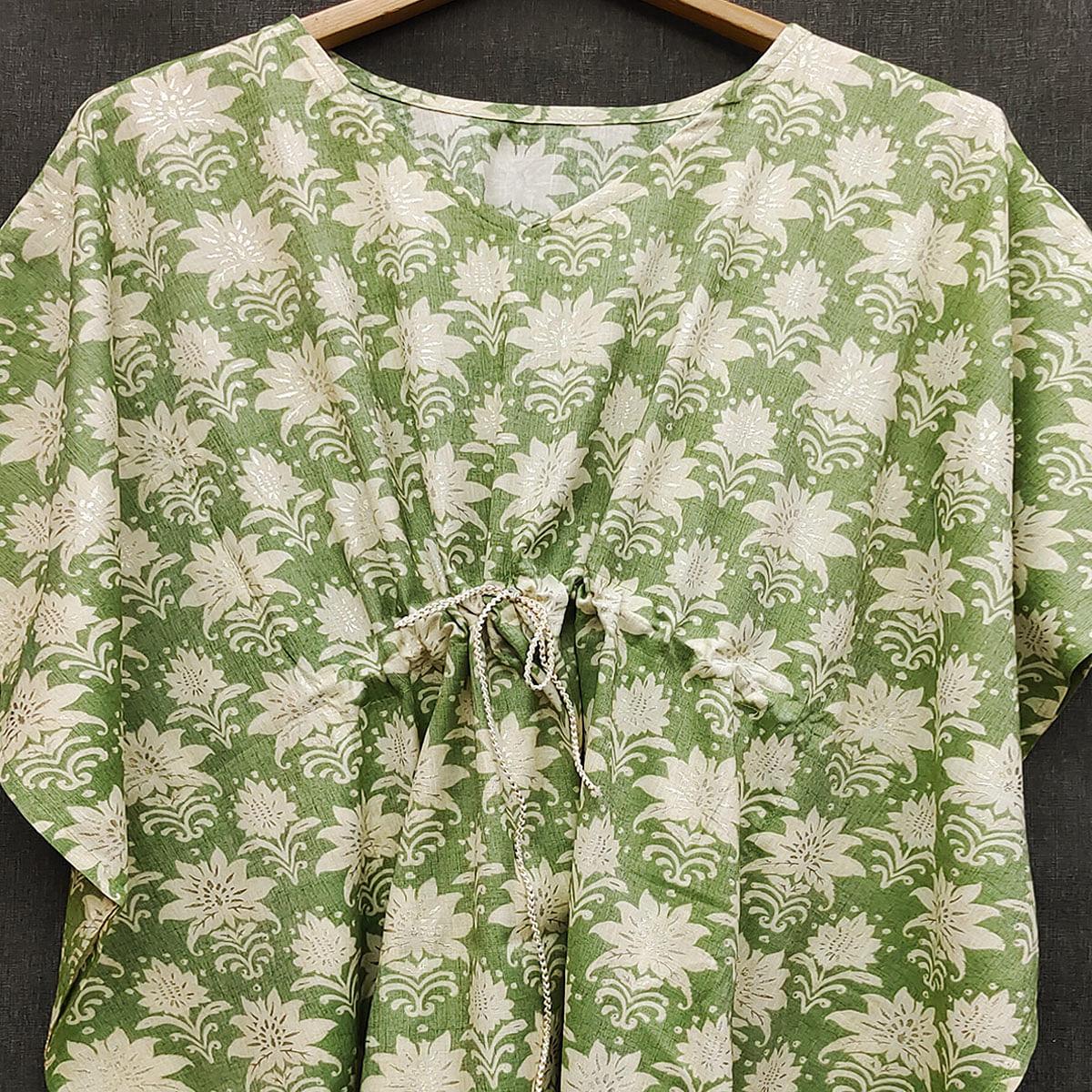 Green Floral Printed Rayon Kaftan Top - Peachmode