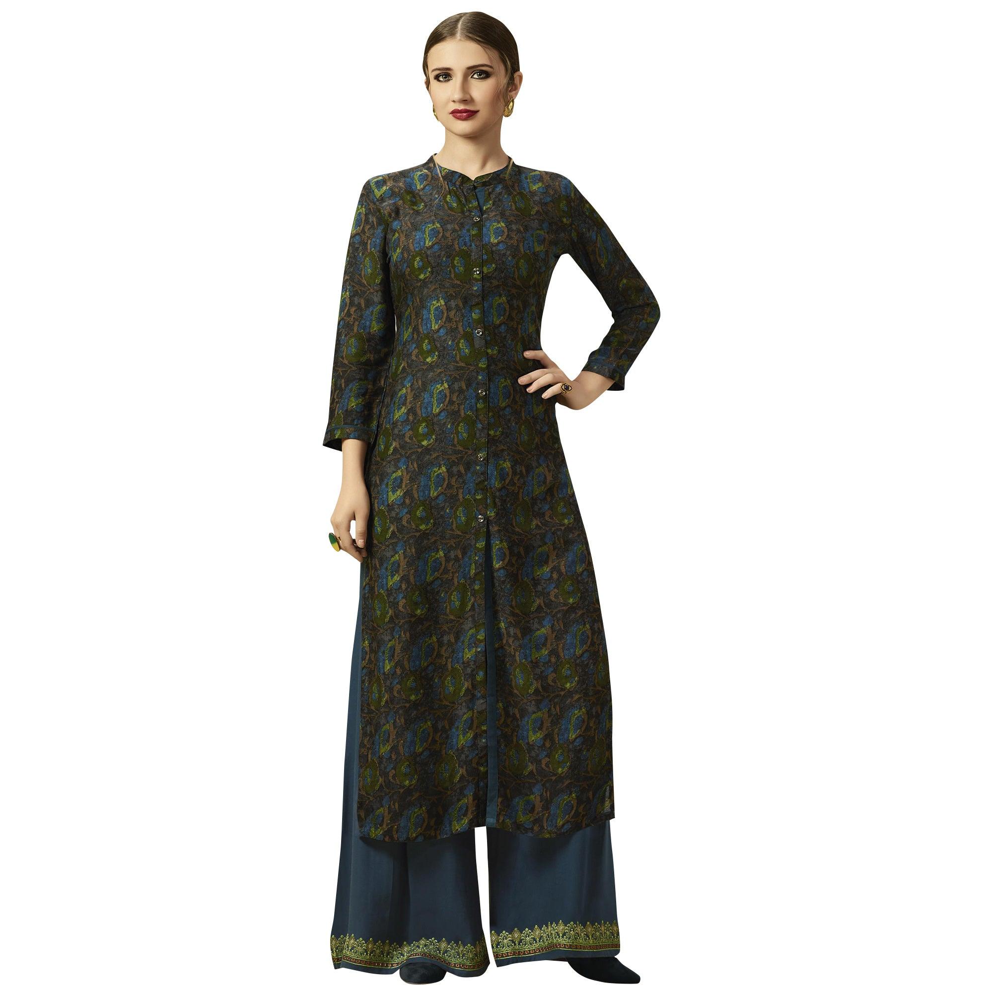 Green Floral Printed Rayon Kurti-Palazzo Set - Peachmode