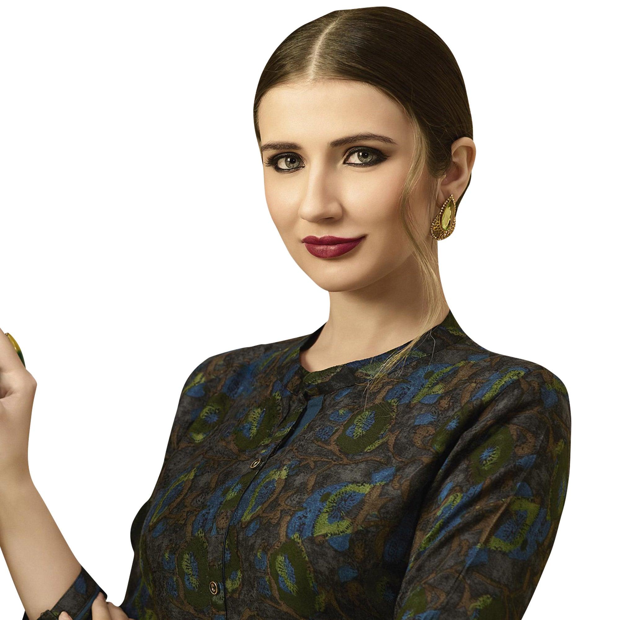 Green Floral Printed Rayon Kurti-Palazzo Set - Peachmode