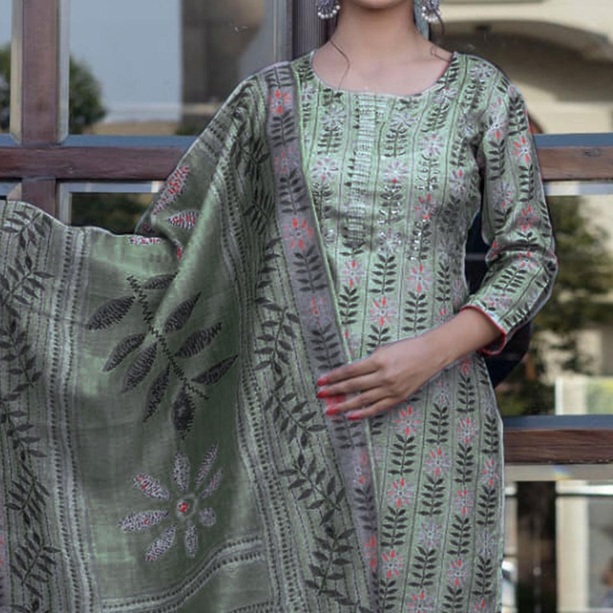 Green Floral Printed Rayon Kurti Pant Set With Dupatta - Peachmode