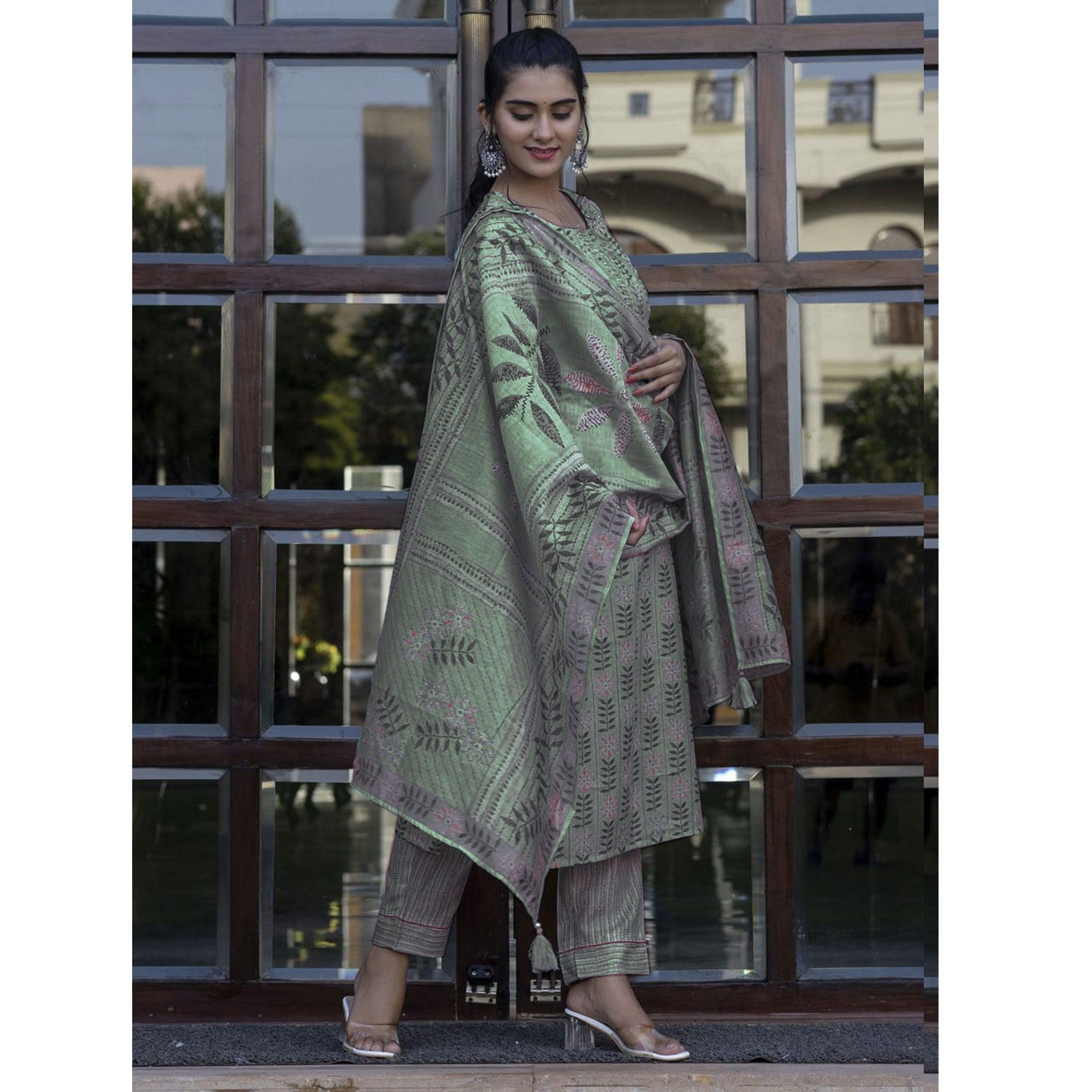 Green Floral Printed Rayon Kurti Pant Set With Dupatta - Peachmode