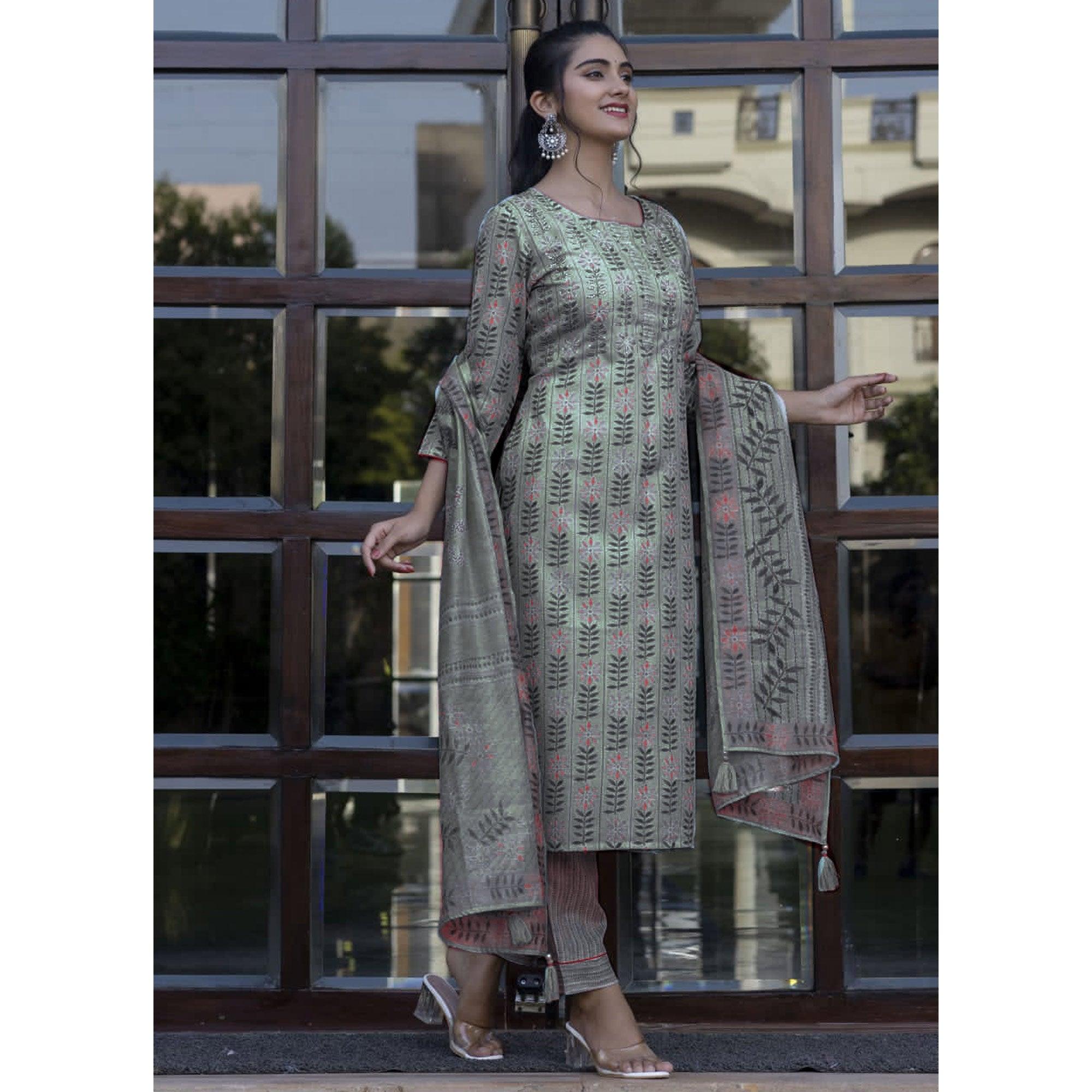 Green Floral Printed Rayon Kurti Pant Set With Dupatta - Peachmode