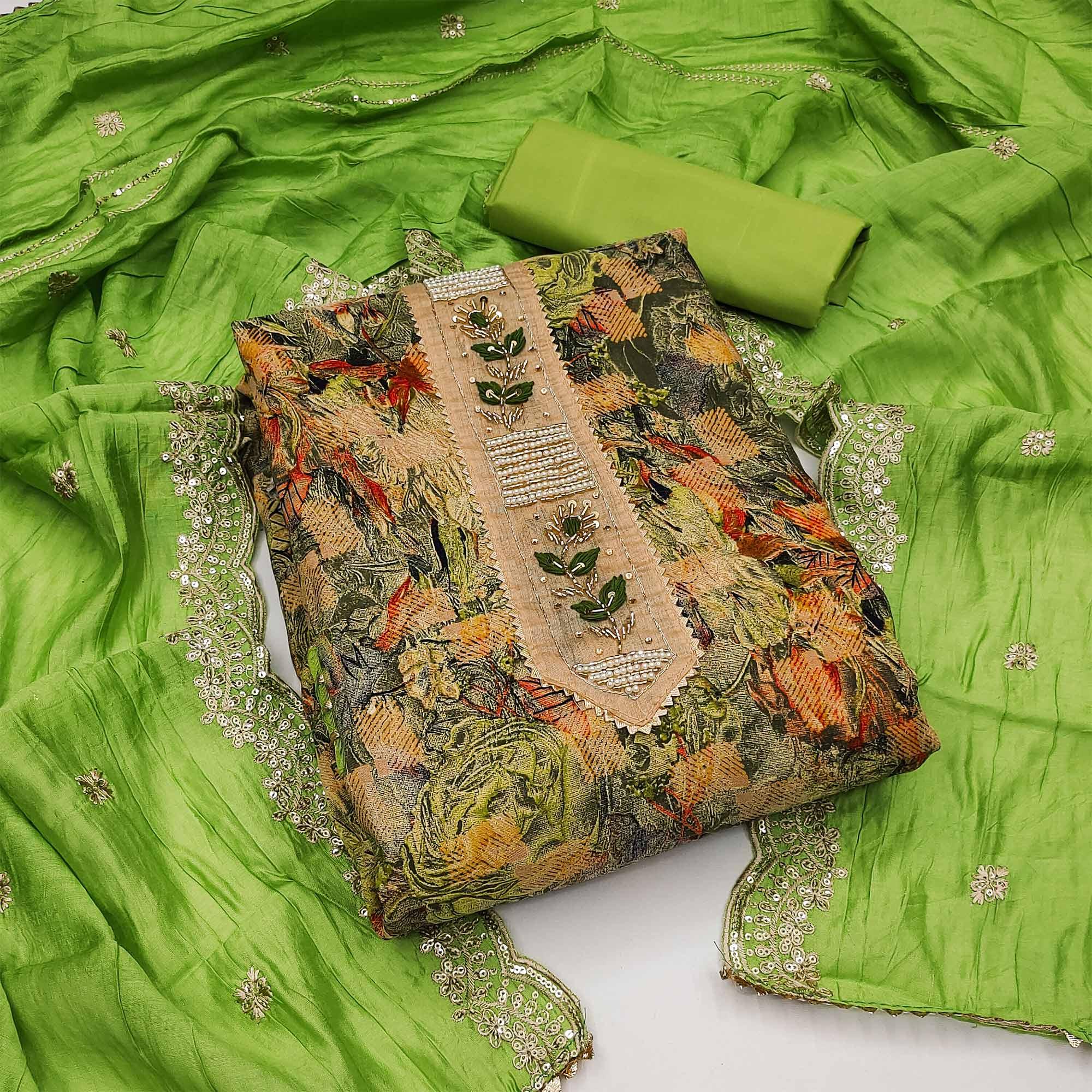Green Floral Printed With Embellsihed Poly Cotton Dress Material - Peachmode