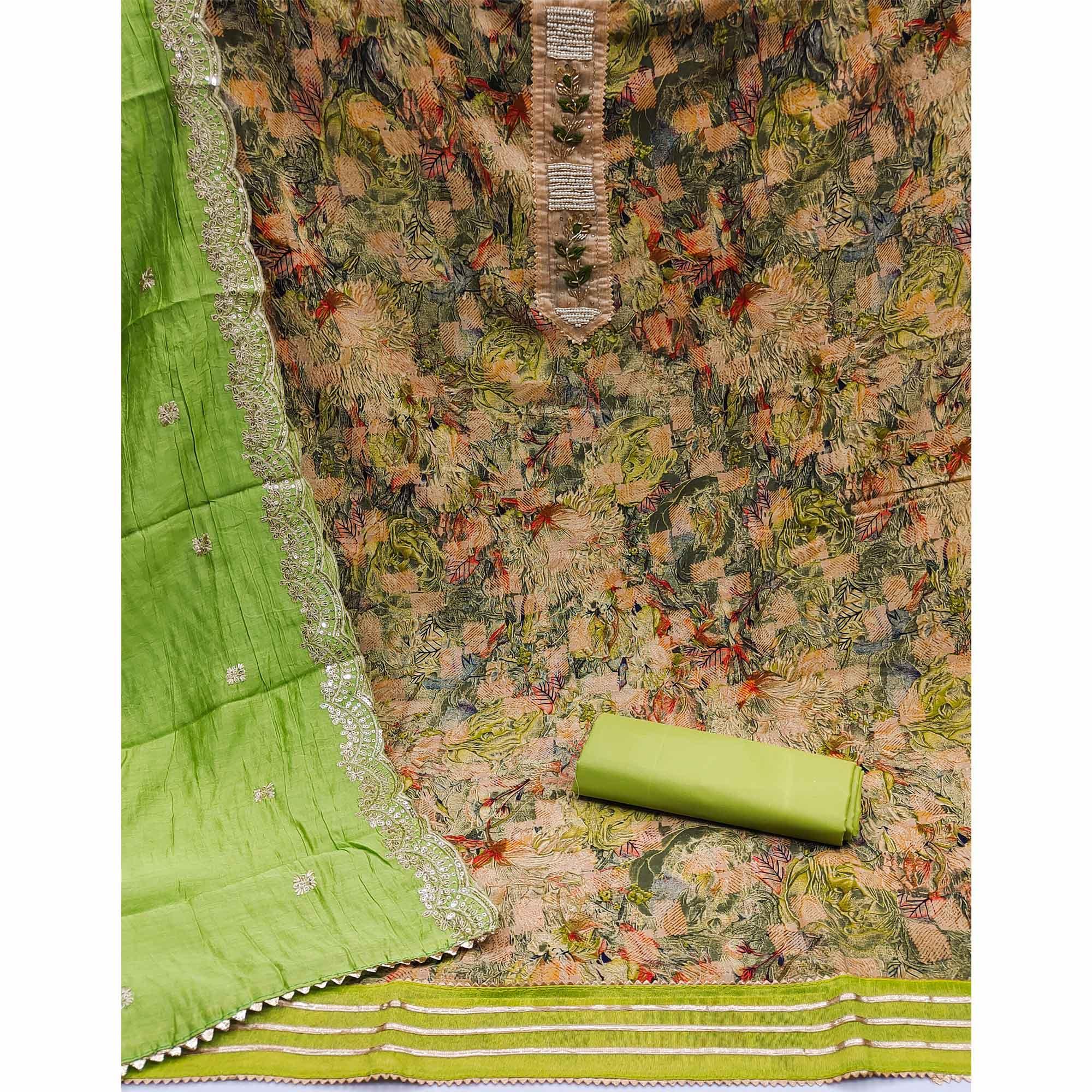 Green Floral Printed With Embellsihed Poly Cotton Dress Material - Peachmode