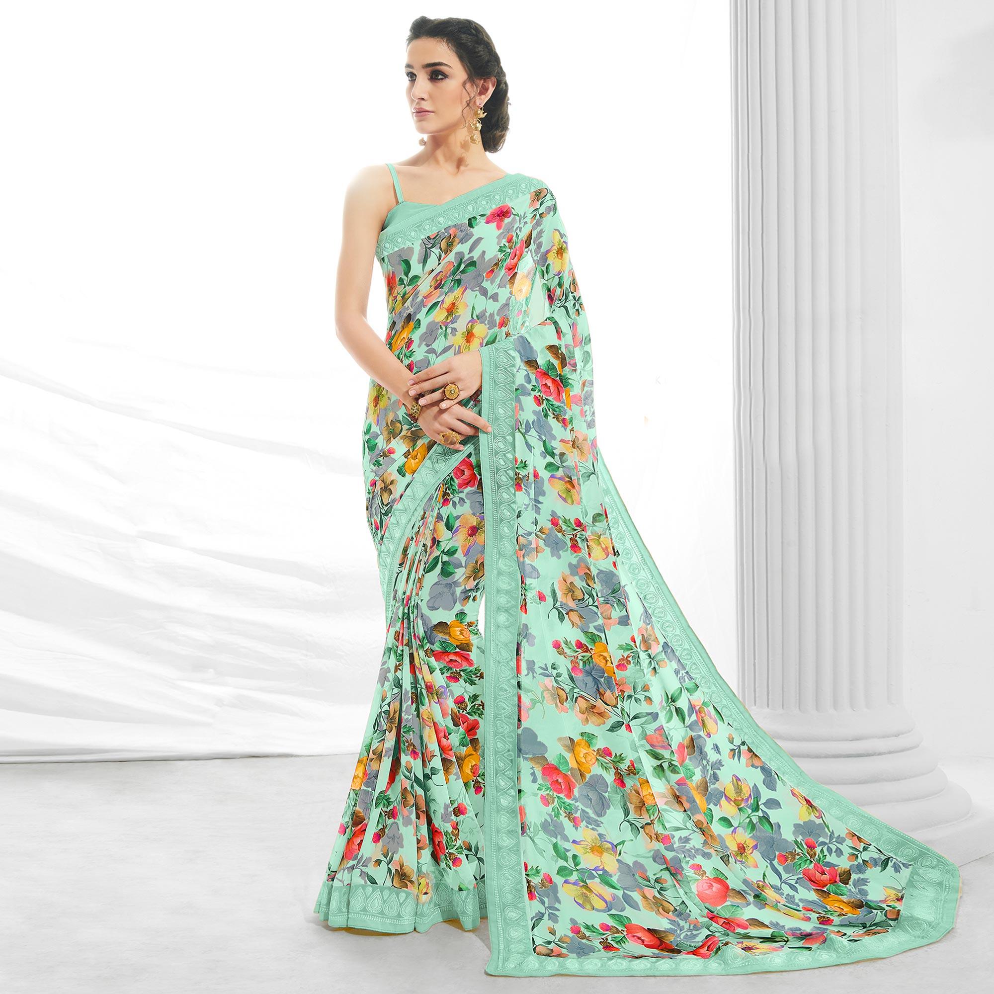 Green Floral Printed With Embroidered Border Georgette Saree - Peachmode
