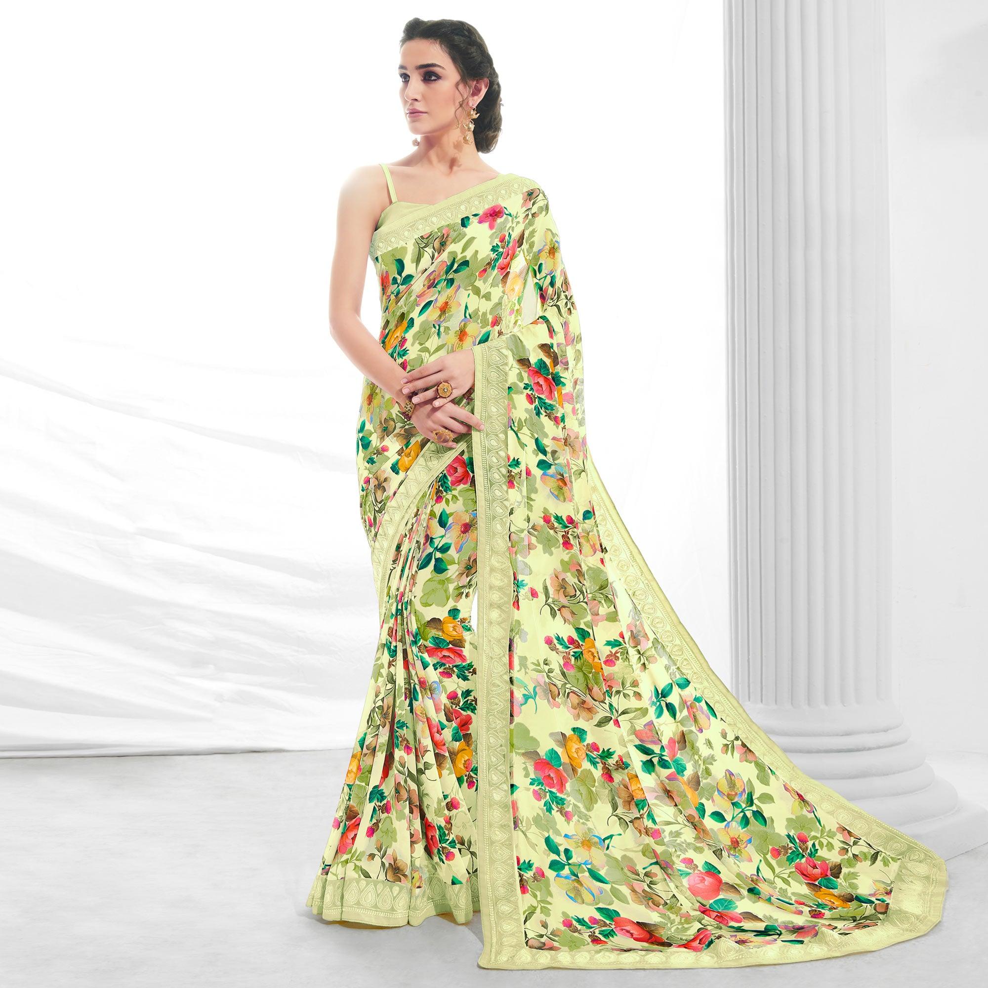 Green Floral Printed With Embroidered Border Georgette Saree - Peachmode