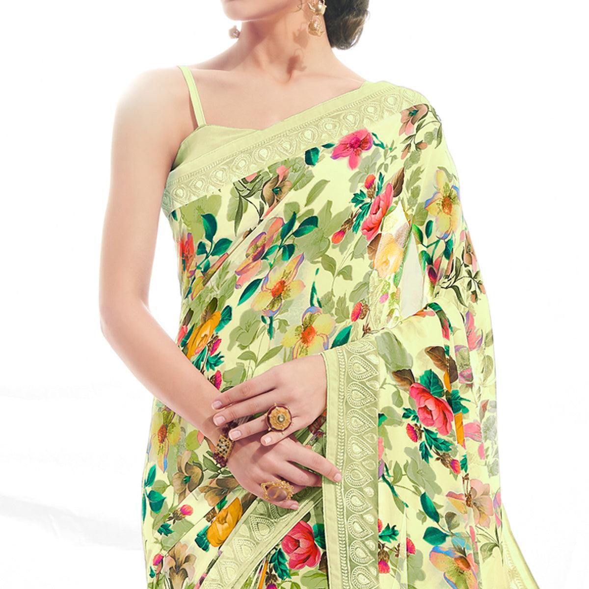 Green Floral Printed With Embroidered Border Georgette Saree - Peachmode