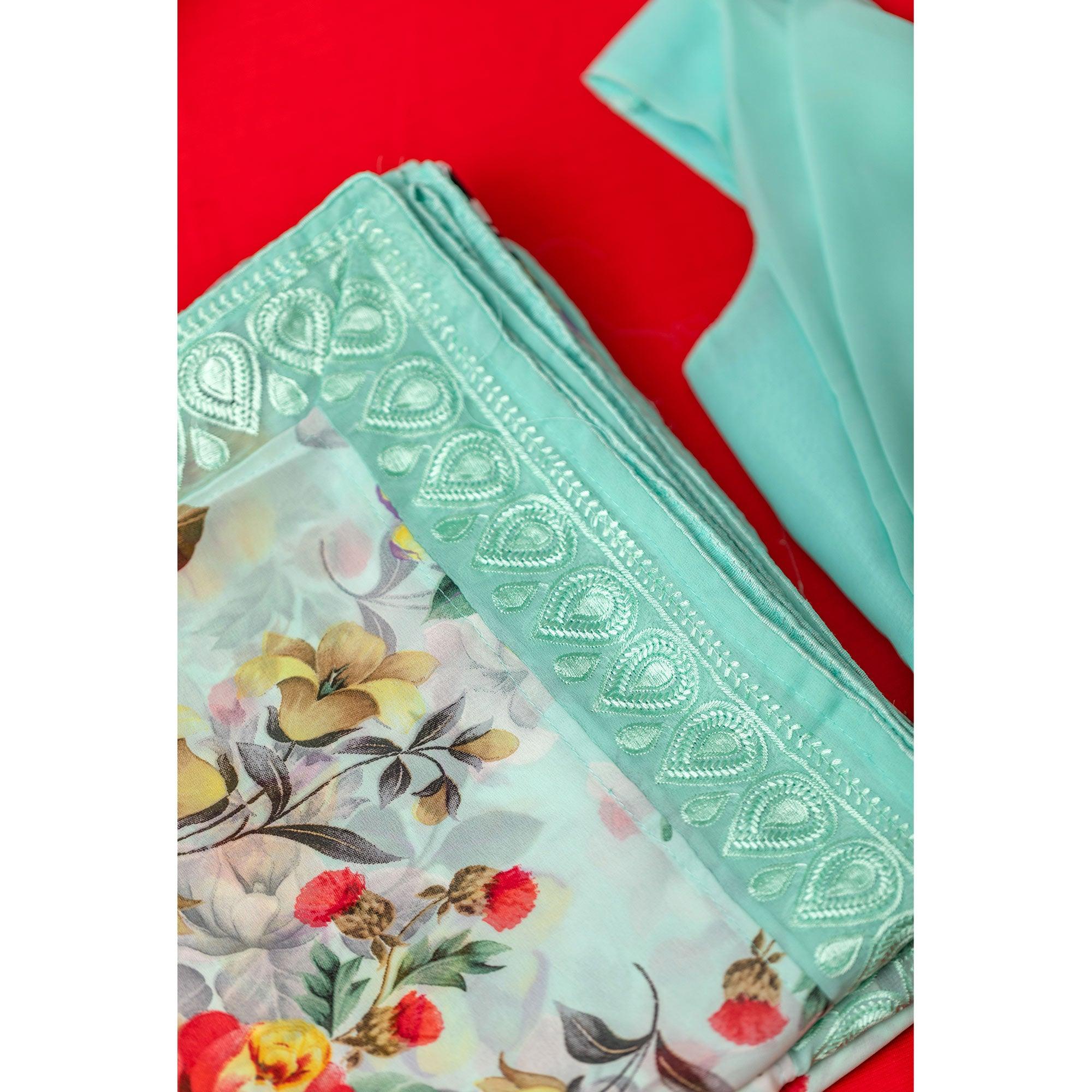 Green Floral Printed With Embroidered Border Georgette Saree - Peachmode
