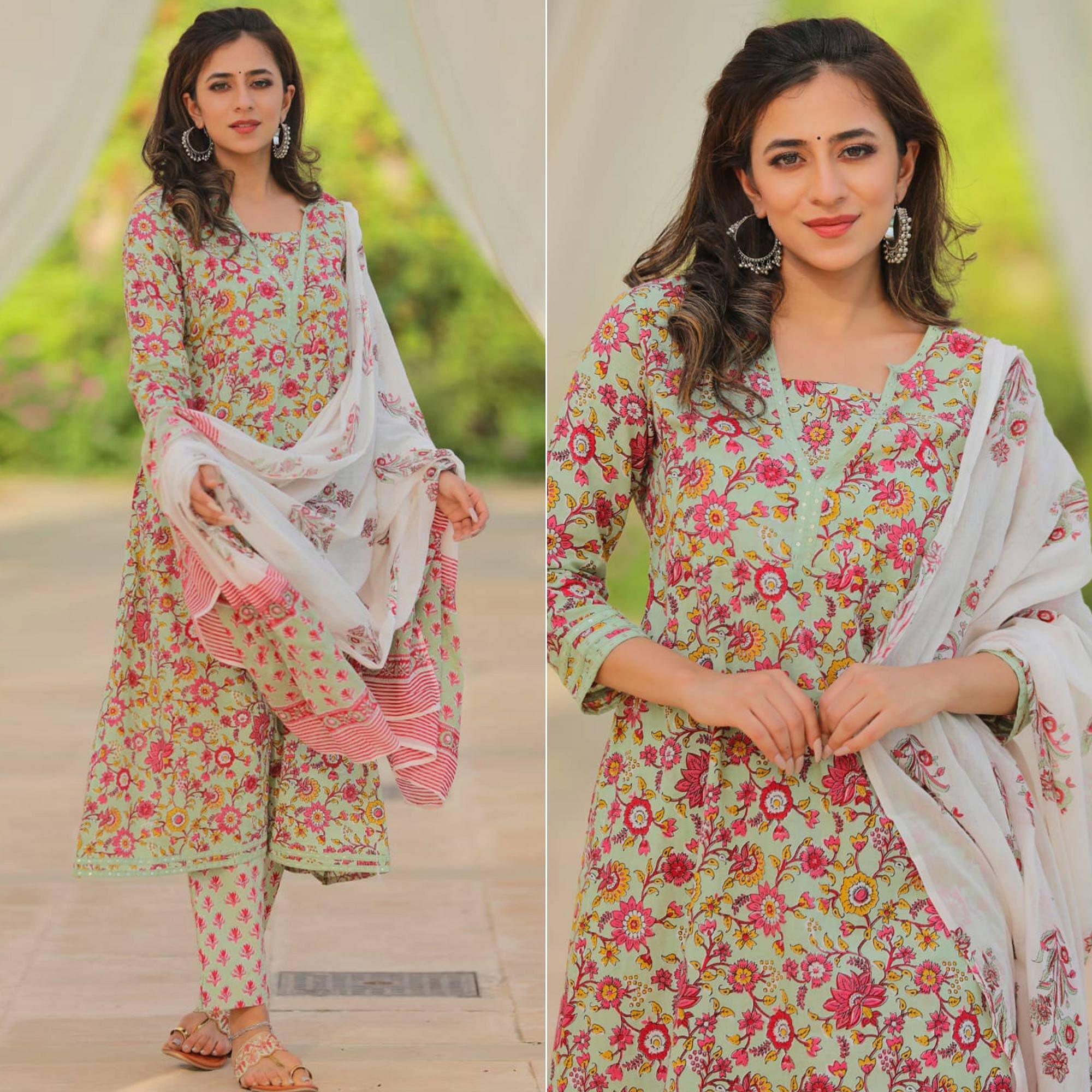 Green Floral Printed With Embroidered Cotton Kurti Pant Set With Dupatta - Peachmode