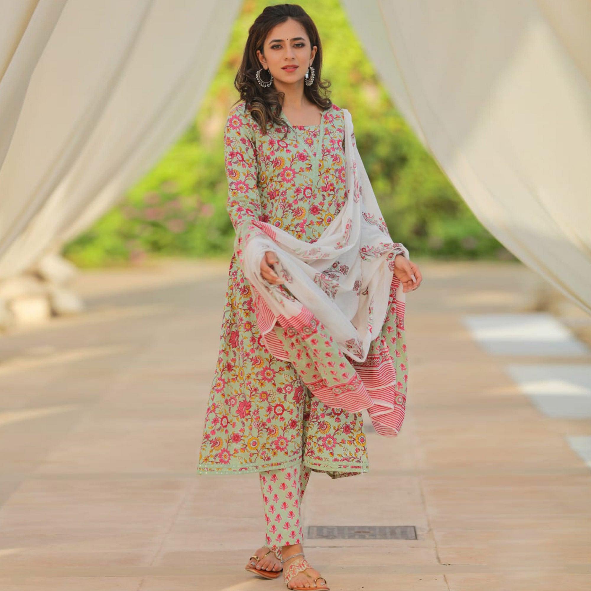 Green Floral Printed With Embroidered Cotton Kurti Pant Set With Dupatta - Peachmode