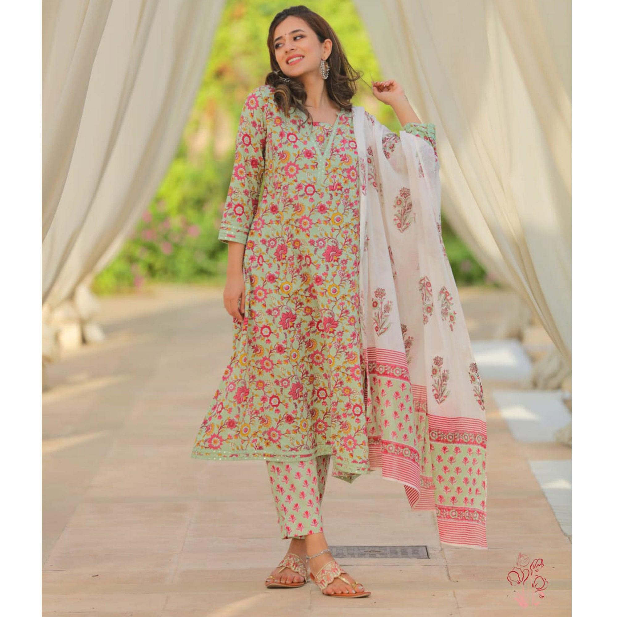 Green Floral Printed With Embroidered Cotton Kurti Pant Set With Dupatta - Peachmode
