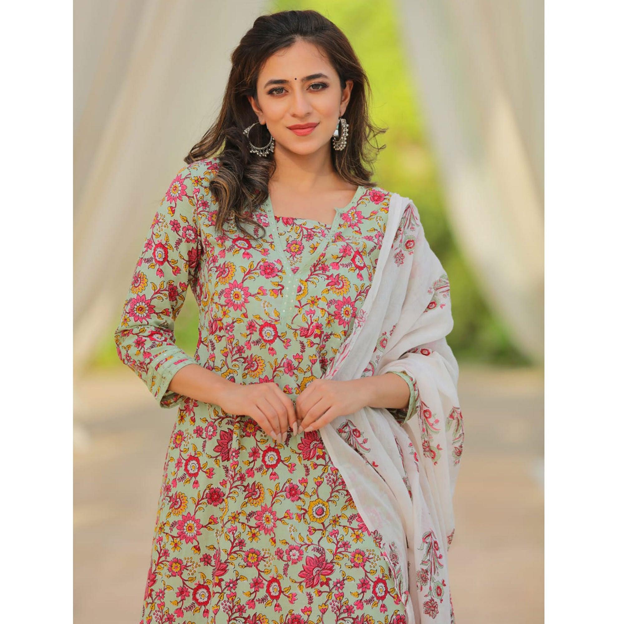 Green Floral Printed With Embroidered Cotton Kurti Pant Set With Dupatta - Peachmode