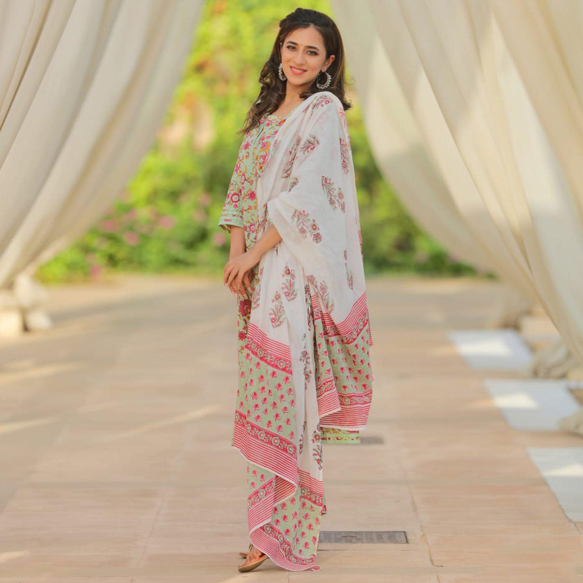 Green Floral Printed With Embroidered Cotton Kurti Pant Set With Dupatta - Peachmode