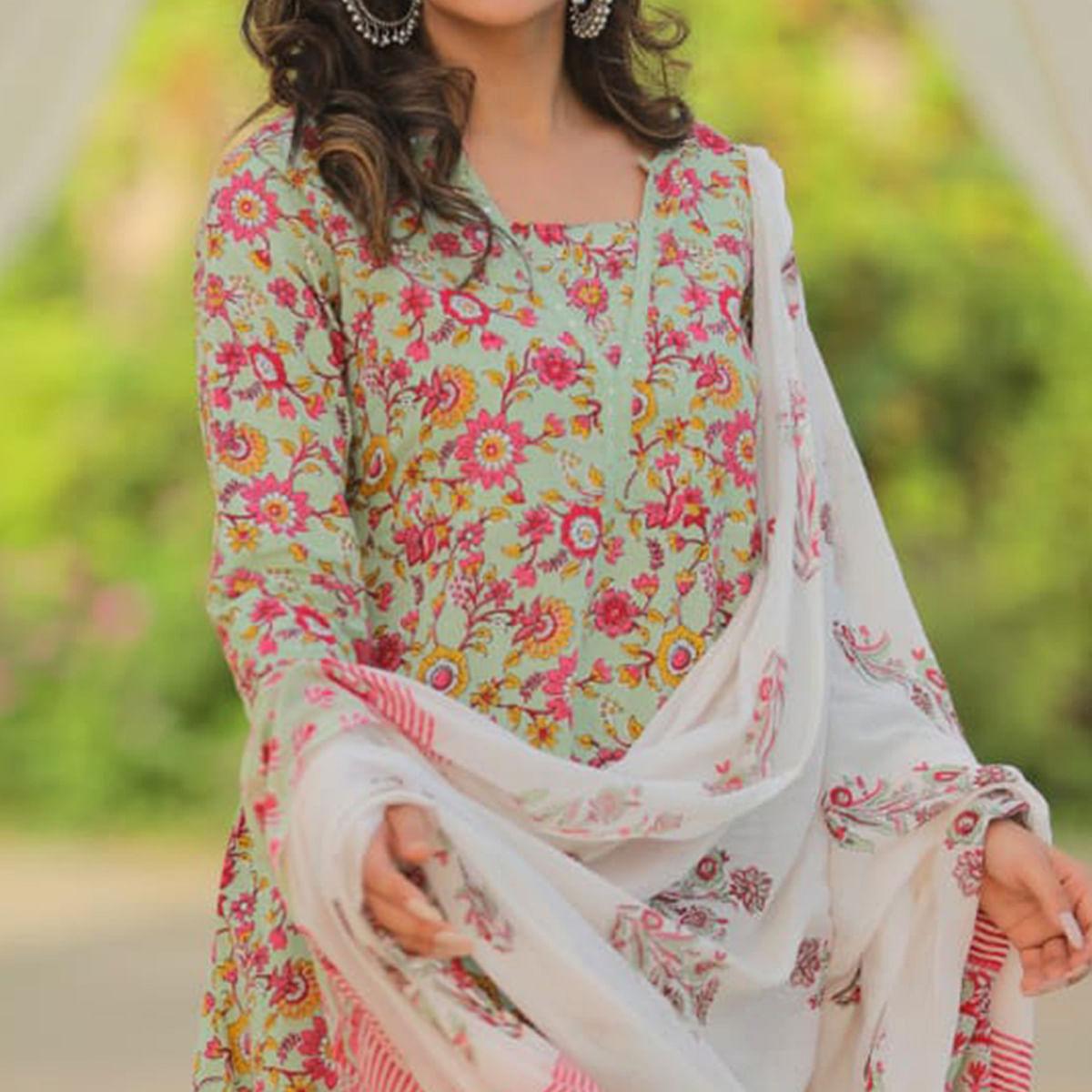 Green Floral Printed With Embroidered Cotton Kurti Pant Set With Dupatta - Peachmode