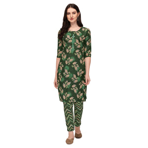 Green Floral Printed With Embroidered Poly Cotton Kurti Pant Set - Peachmode