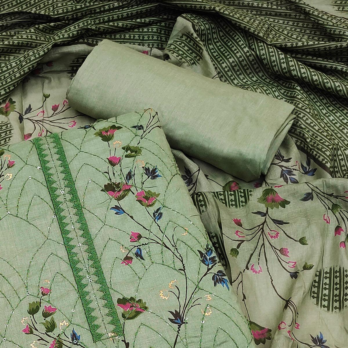 Green Floral Printed With Embroidered Pure Cotton Dress Material - Peachmode
